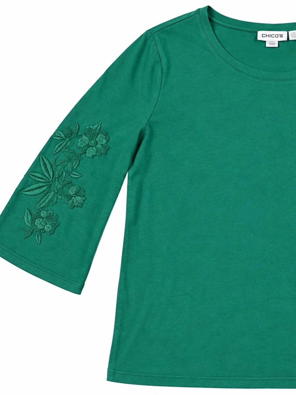 Chico’s Women’s Size 2 L Green Embroidered Floral 3/4 Bell Sleeve Top